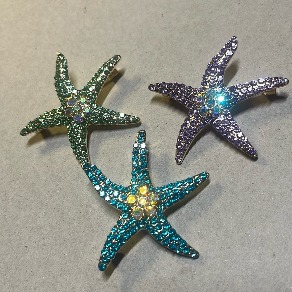 STARFISH STAR FISH CRYSTAL BLING BROOCHES PINS SET OF THREE !!